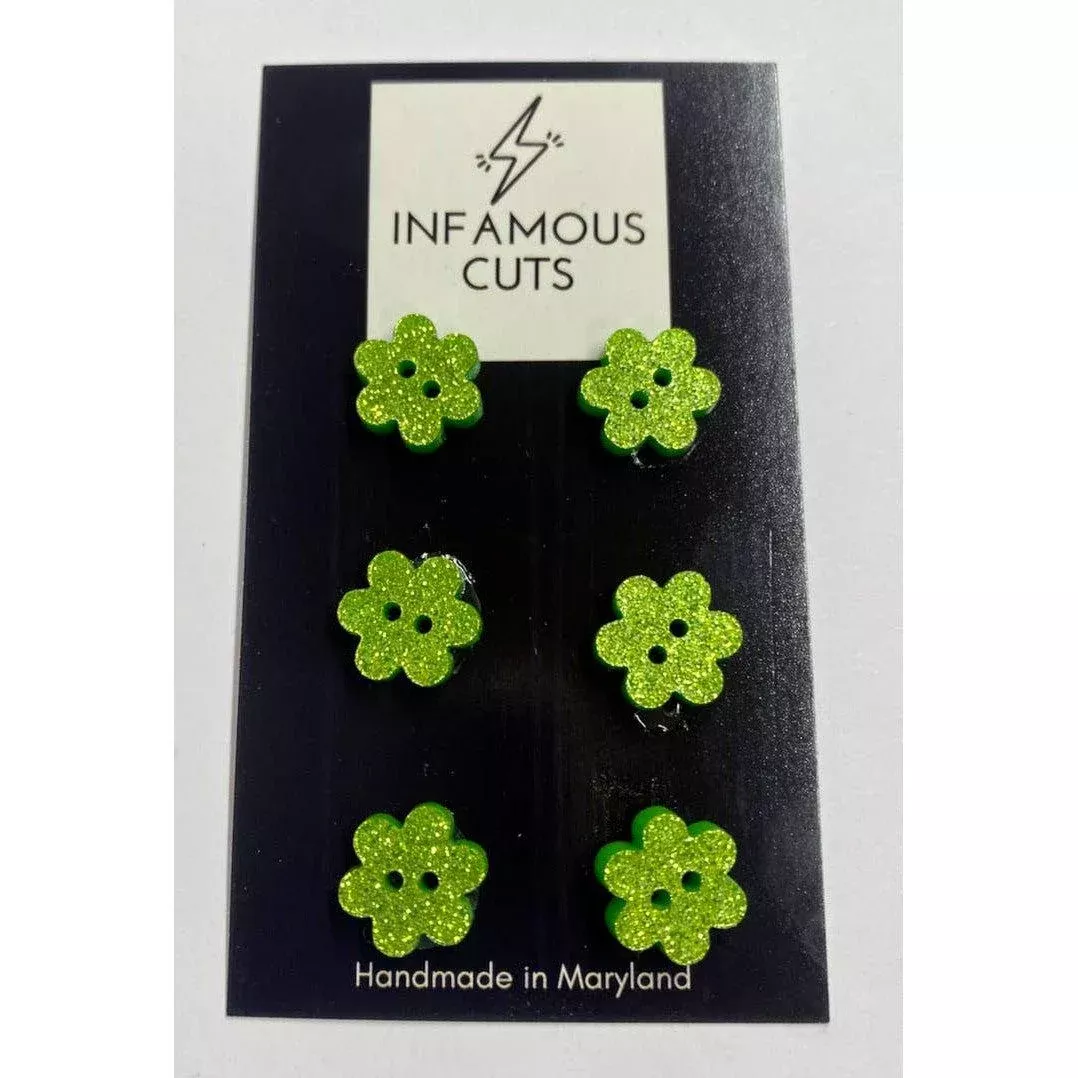1/2" Green Glitter Flower Acrylic Buttons